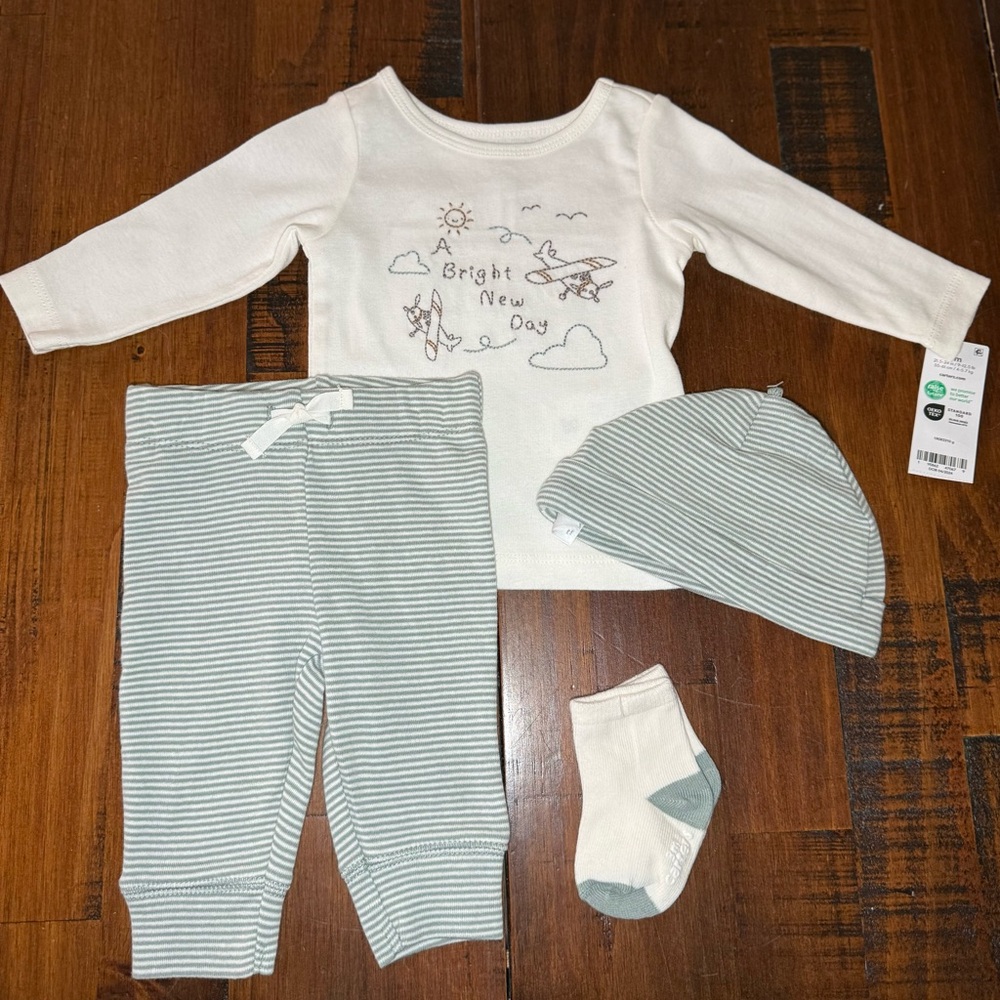 Carter’s Baby Outfit Set 4PC 3M Organic Cotton Gender Neutral Green Striped NWT